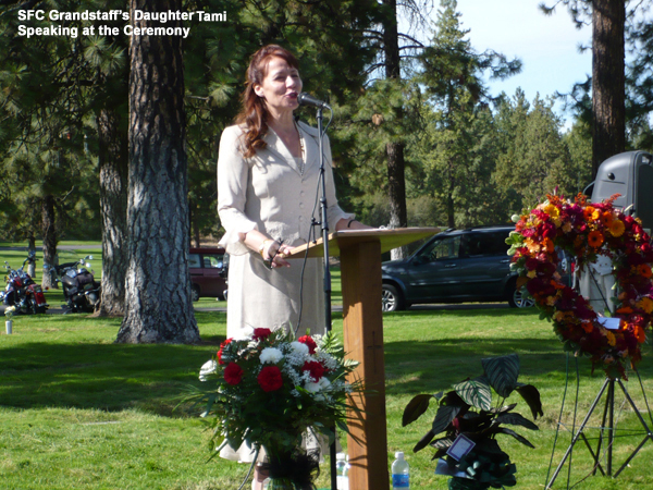 grandstaff's daugheter tami speaking at ceremony